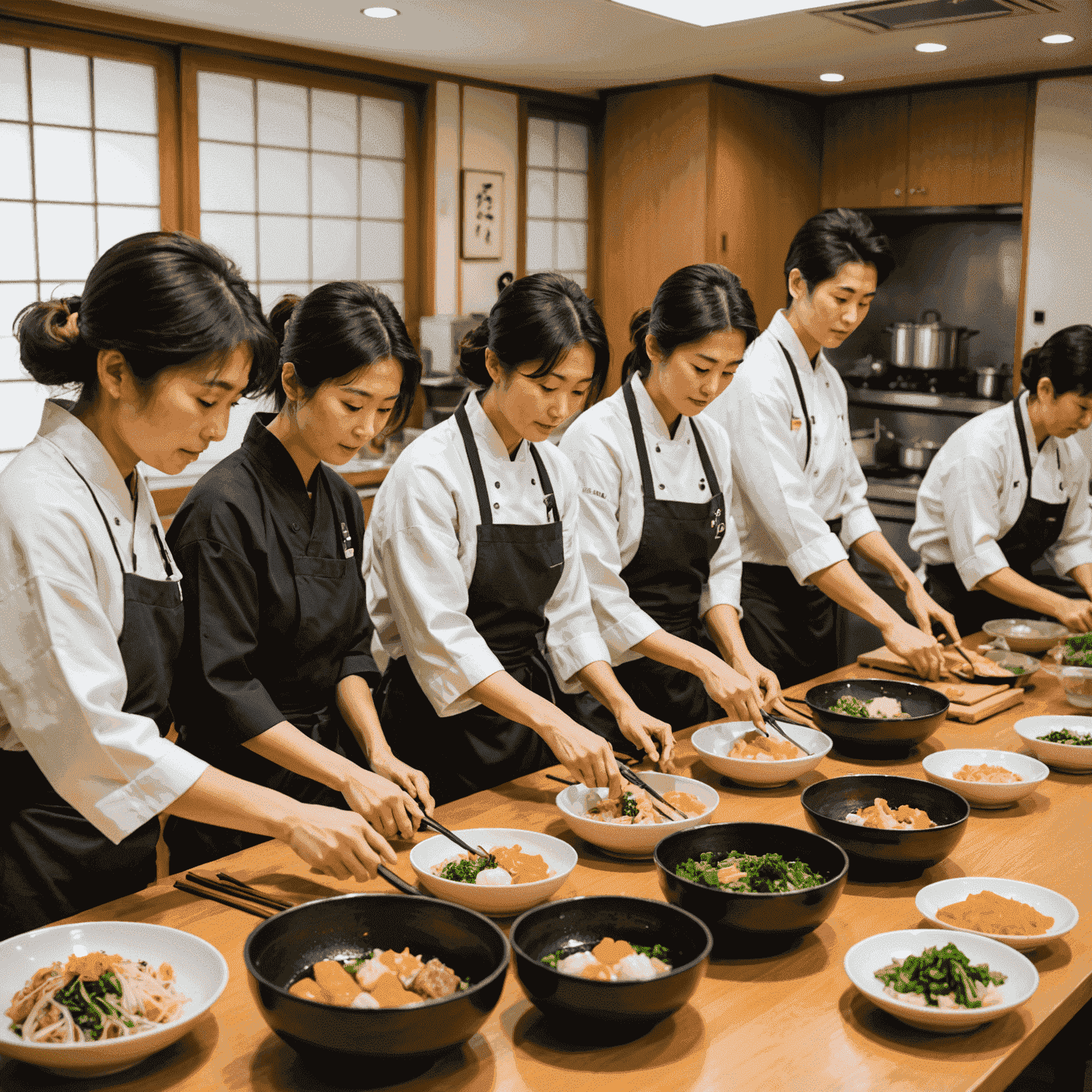 和食の料理教室。参加者が日本料理の技法を学んでいる様子。