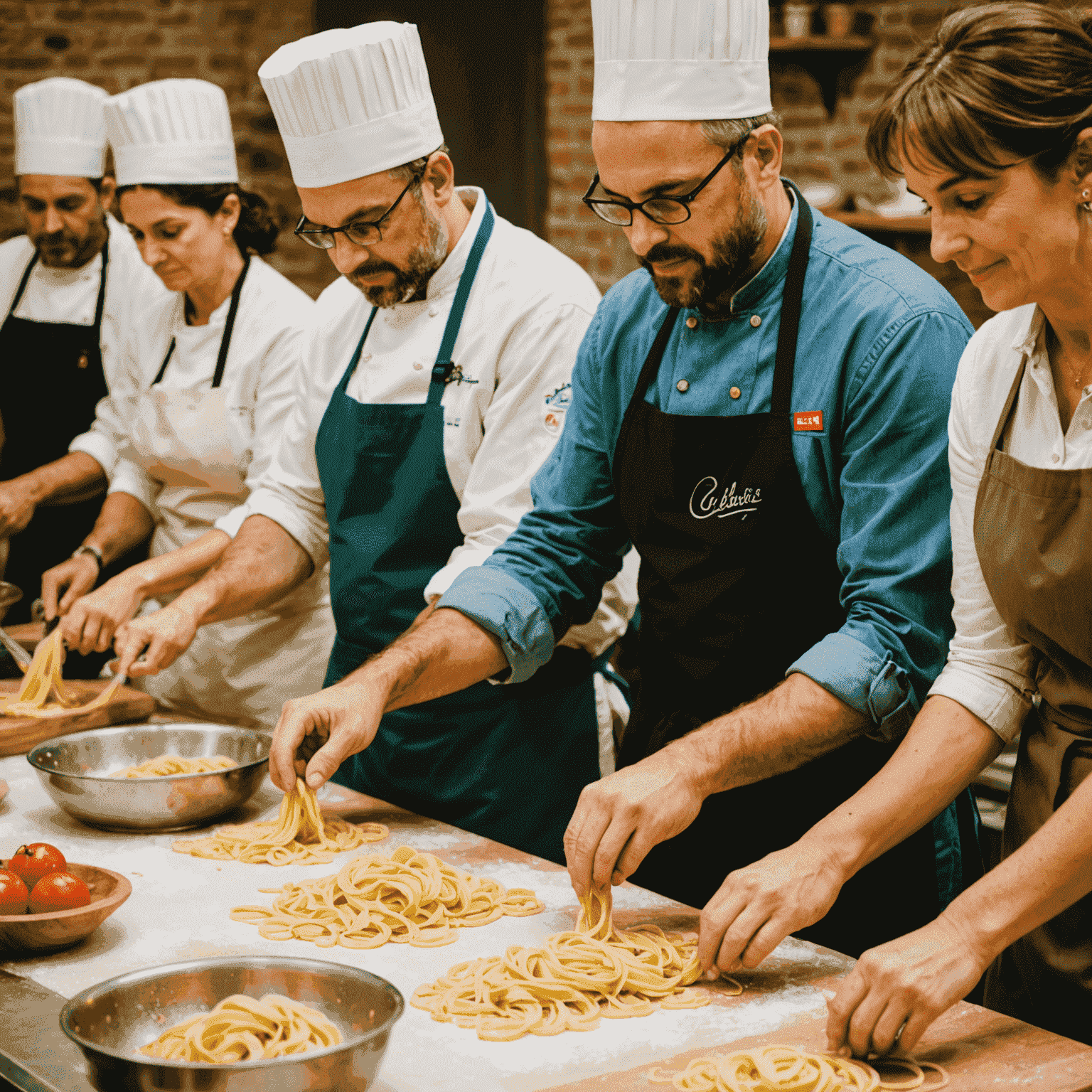 イタリア料理教室。参加者がパスタを手作りしている様子。